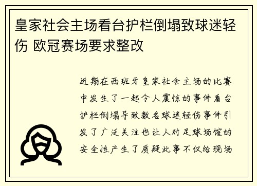 皇家社会主场看台护栏倒塌致球迷轻伤 欧冠赛场要求整改