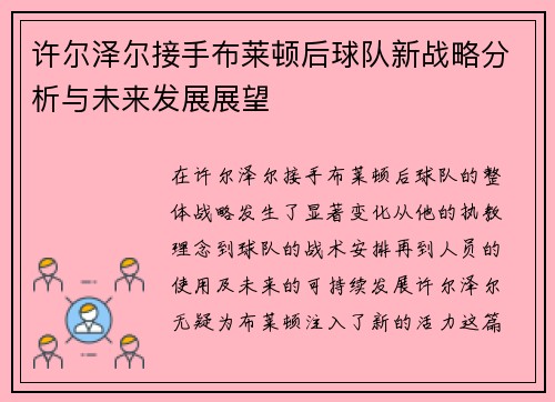 许尔泽尔接手布莱顿后球队新战略分析与未来发展展望