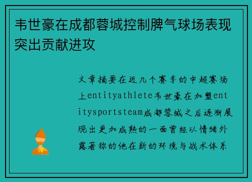 韦世豪在成都蓉城控制脾气球场表现突出贡献进攻