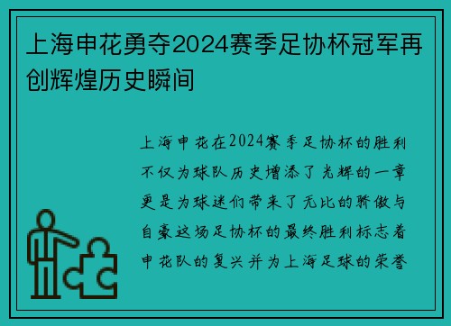 上海申花勇夺2024赛季足协杯冠军再创辉煌历史瞬间